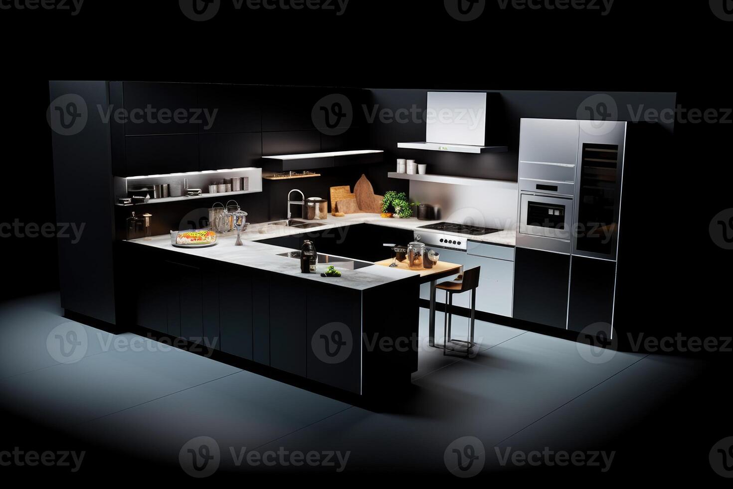 azione foto di 3d cucina su un' nero sfondo isolato fotografia generativo ai