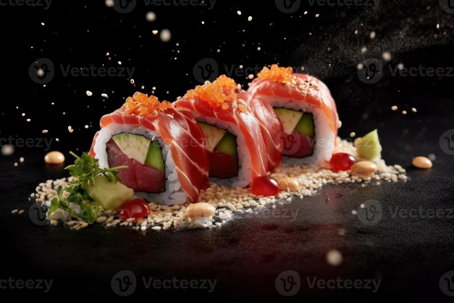 azione foto di Sushi volante attraverso il aria con tonno incontrare e sesamo cibo fotografia generativo ai