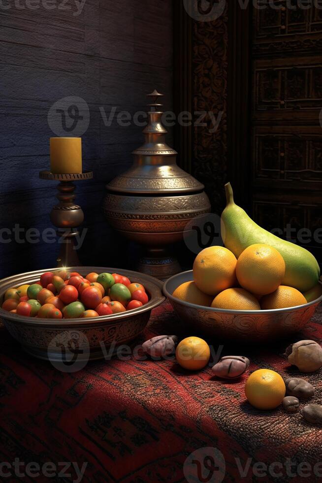 azione foto di un' immagine di un' tavolo con un' egiziano Arabo candela e lattern fotografia generativo ai