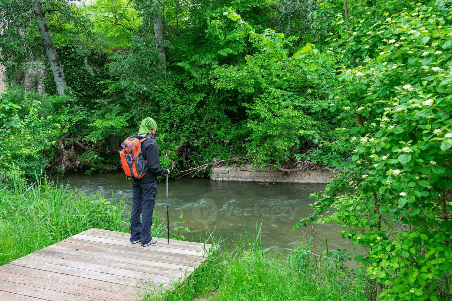 donna escursionista con zaino e a piedi bastone guardare a il fiume foto