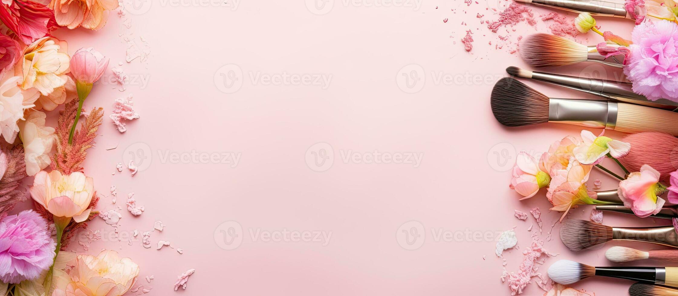 un' rosa sfondo con trucco spazzole e fiori creato con generativo ai tecnologia foto