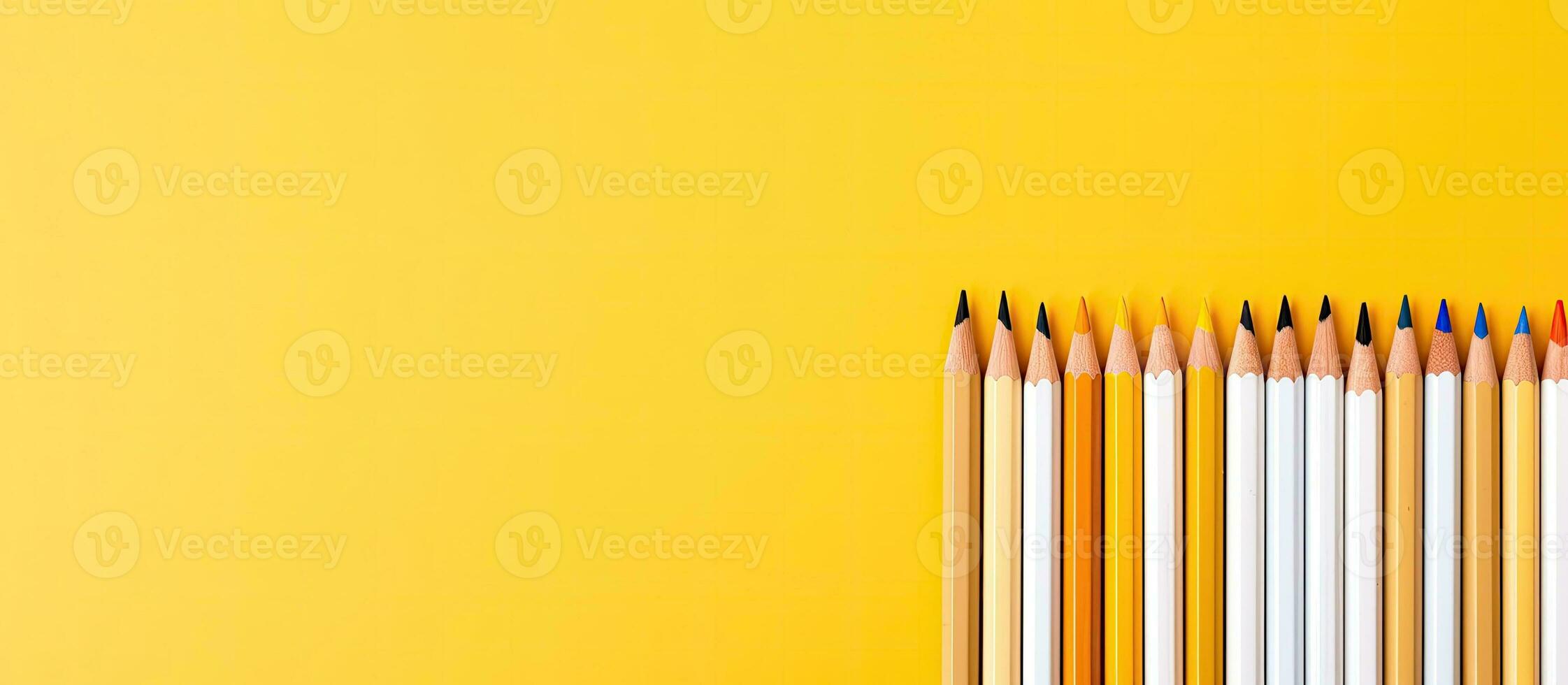 un' riga di colorato matite su un' giallo sfondo creato con generativo ai tecnologia foto