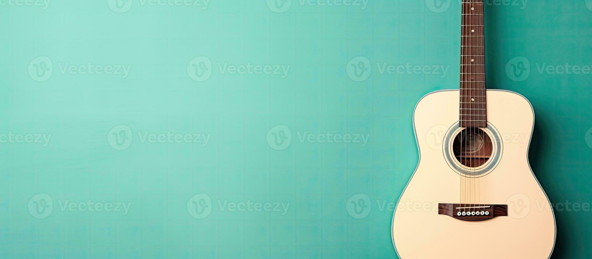 un' bianca chitarra sospeso su un' blu parete creato con generativo ai tecnologia foto