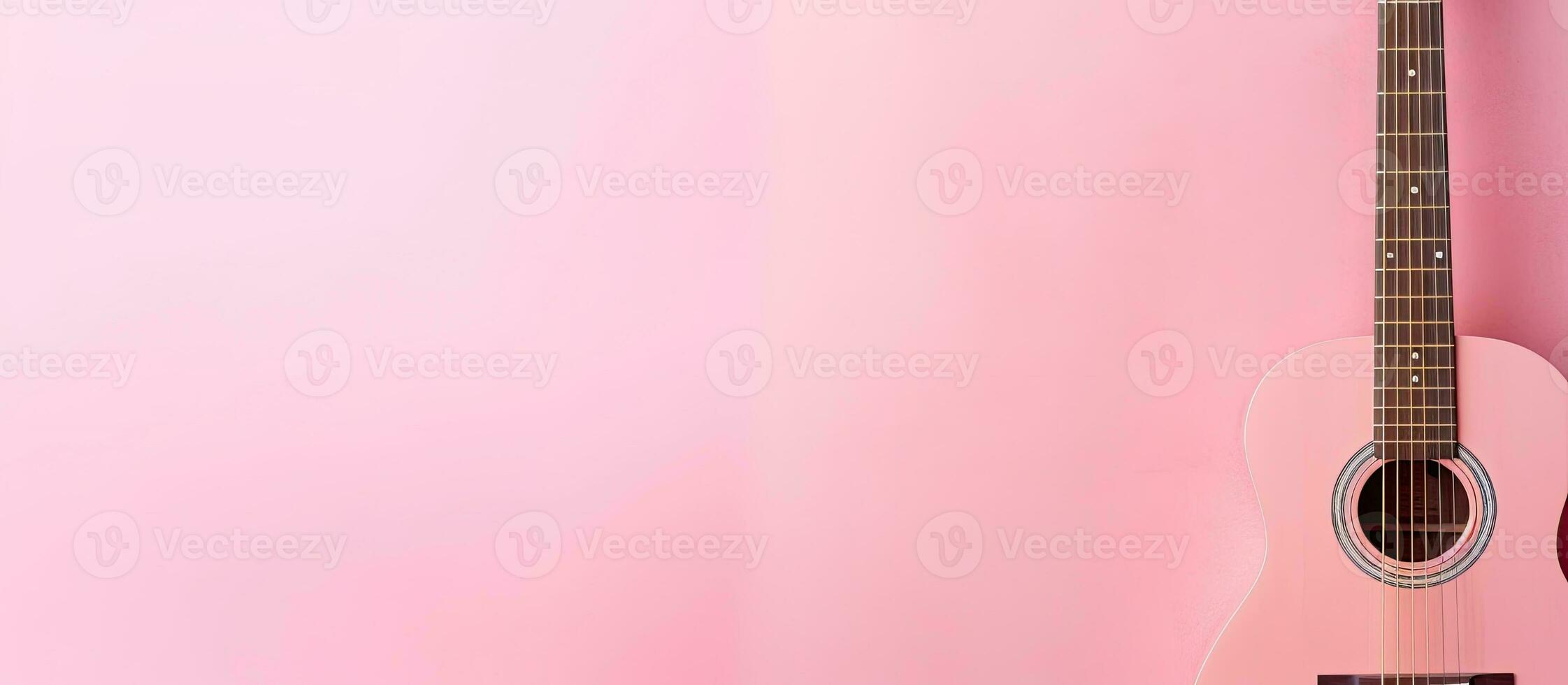 un' rosa acustico chitarra contro un' rosa parete creato con generativo ai tecnologia foto