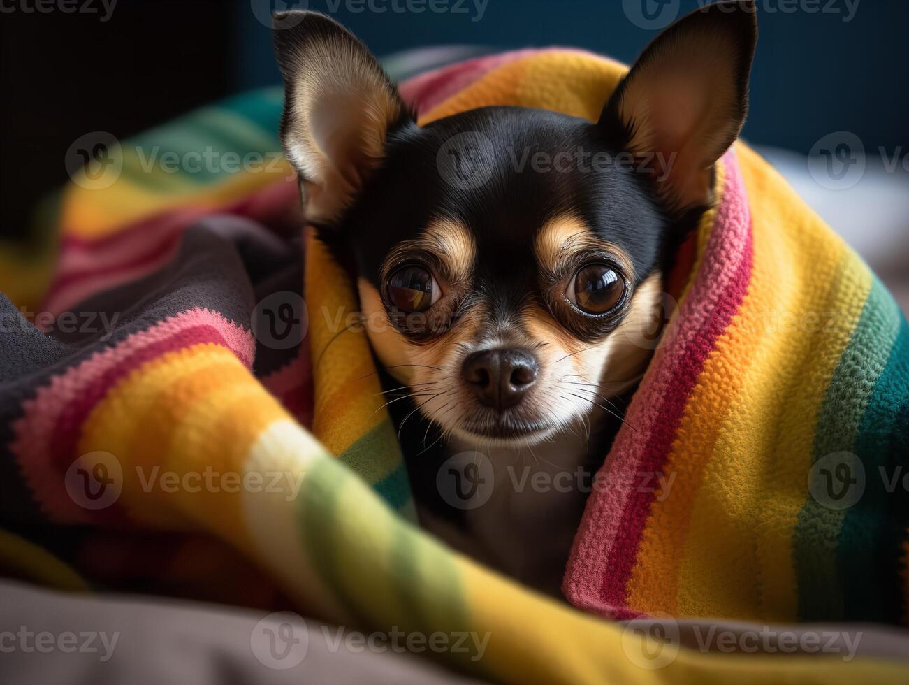 il di chihuahua fascino nel un' colorato coperta foto