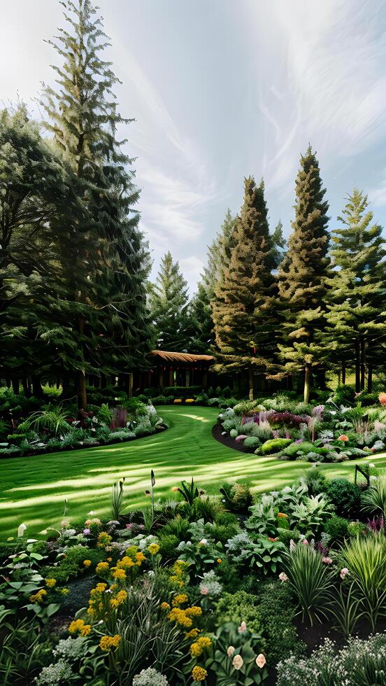 Paradiso giardino paesaggio con bellissimo fiori, verde alberi e impianti creato con generativo ai tecnologia foto