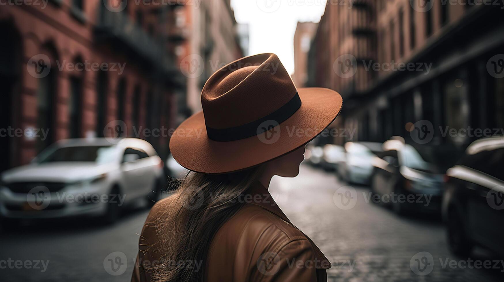 un' giovane donna indossare un' cappello è a piedi nel il strade di città. generativo ai foto