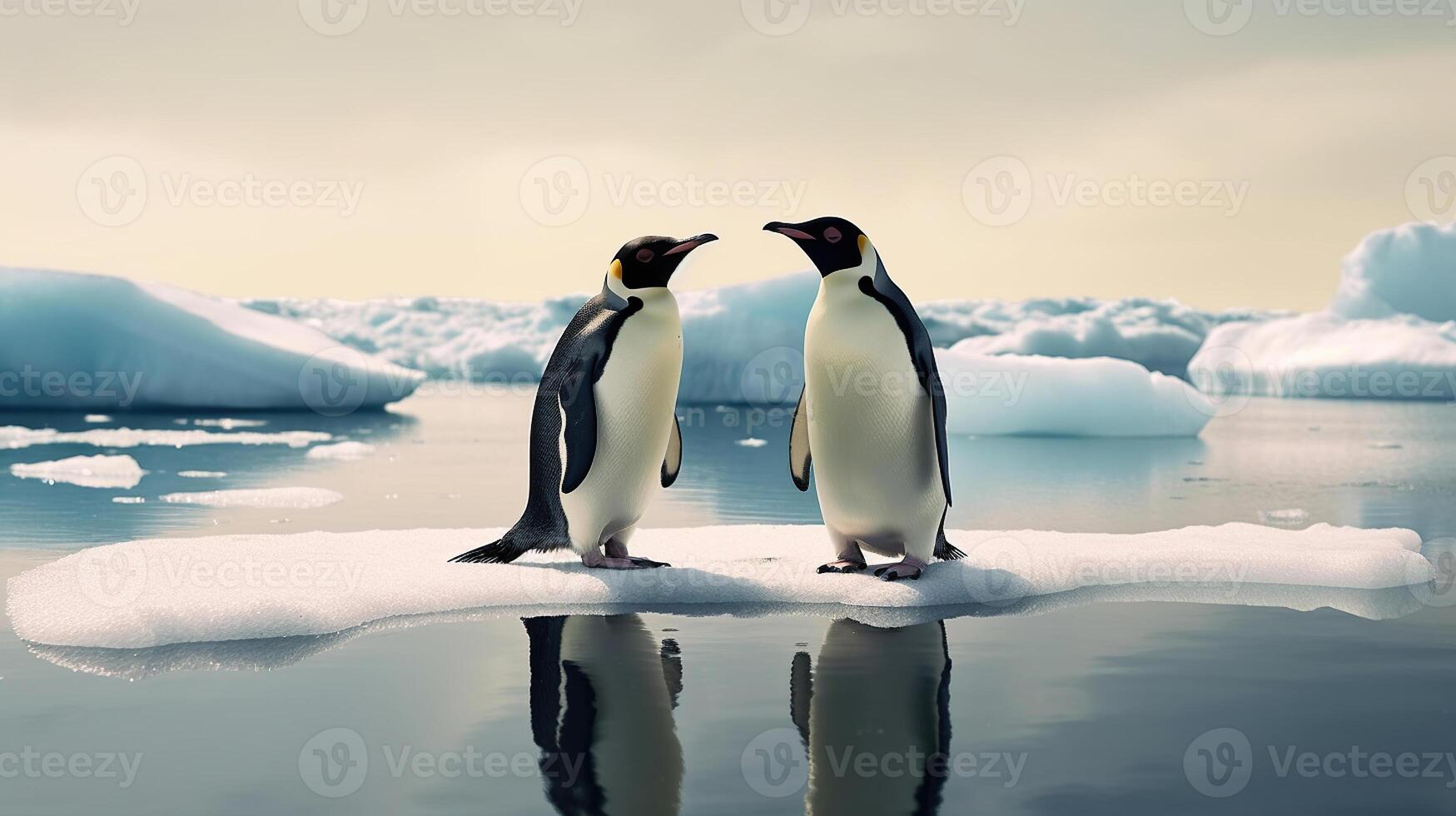 Due pinguini In piedi su fusione ghiaccio nel artico oceano globale riscaldamento concetto, mondo globale pianeta clima modificare. generativo ai foto