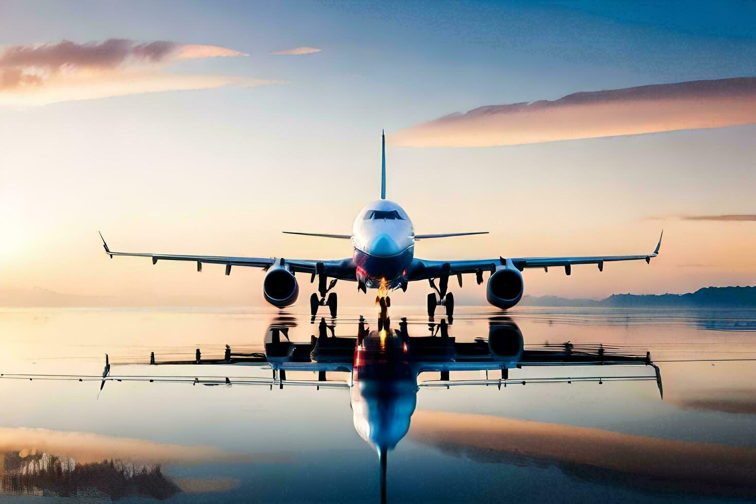 davanti Visualizza aereo su il pista di decollo tramonto foto