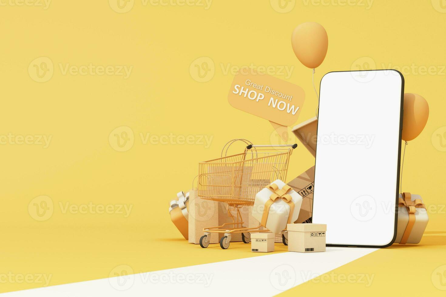 shopping vendita promozione striscione. shopping carrello, Palloncino e regalo scatola con shopping Borsa. concetto di grande sconto, adatto per nero Venerdì e anniversario su pastello sfondo. 3d interpretazione foto