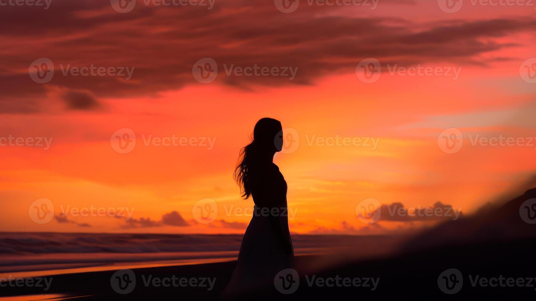 silhouette di un' ragazza su il sfondo di il mare tramonto cielo generativo ai foto