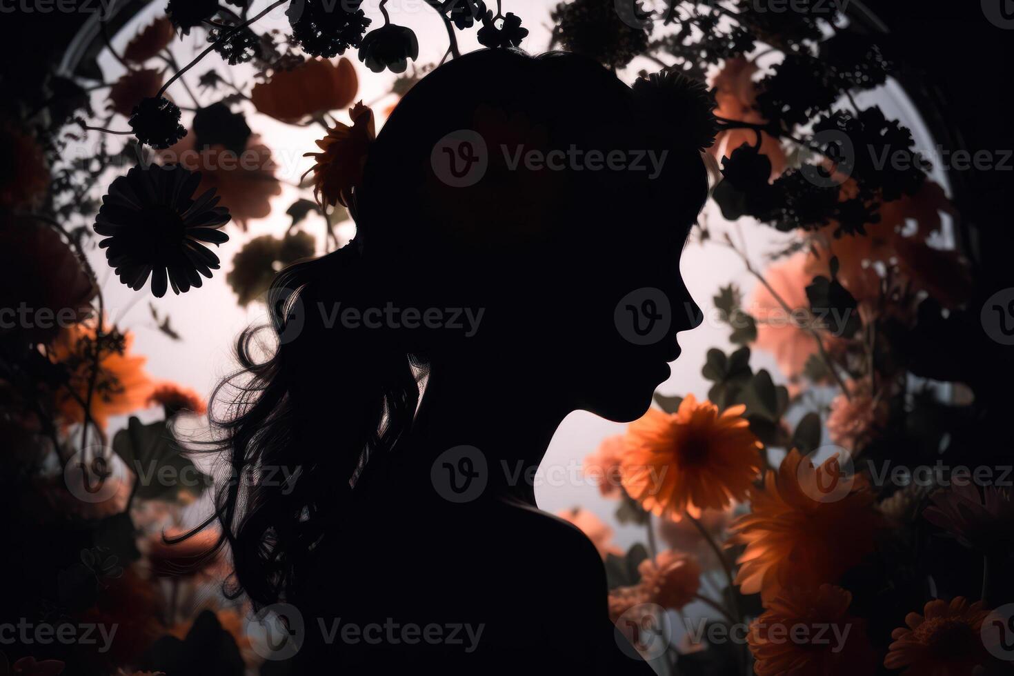 silhouette di un' ragazze testa con fiori su un' floreale buio sfondo generativo ai foto