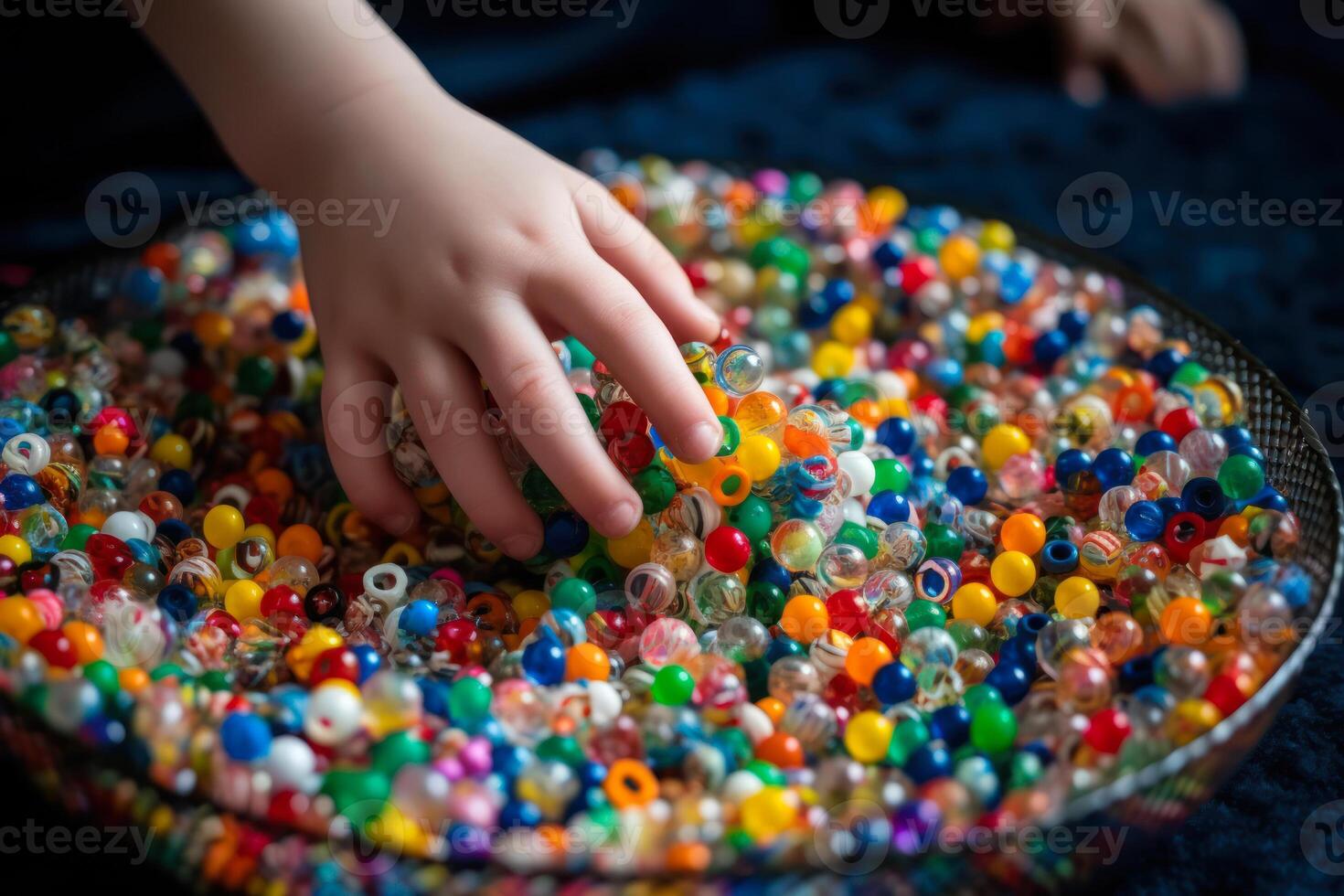 avvicinamento di il mani di un' bambino giocando con multicolore sensoriale palle per il sviluppo di bene il motore abilità, giocattoli per bambini con autismo generativo ai foto