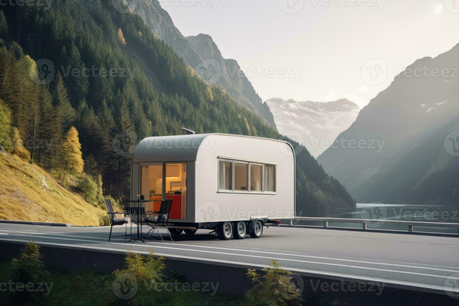 bellissimo moderno mobile casa su un vuoto strada contro il fondale di un' bellissimo montagna paesaggio generativo ai foto