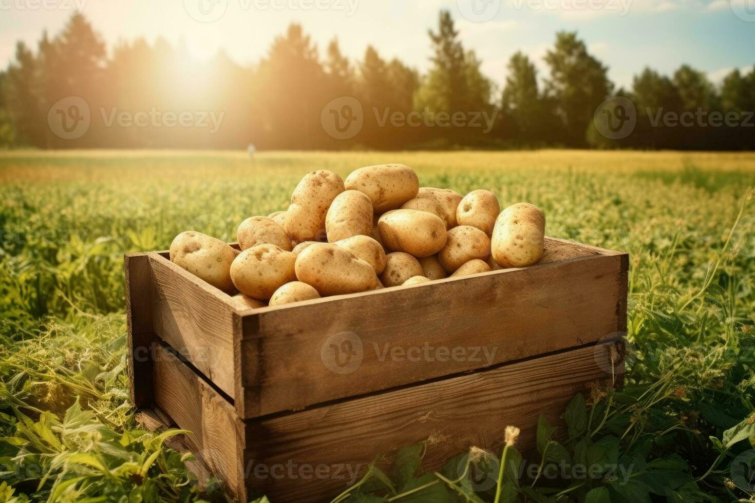 di legno scatola pieno di patate nel un' campo. generativo ai foto