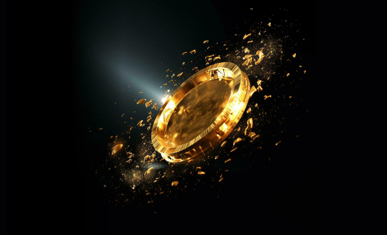 elegante volante oro moneta con d'oro scintillare nel nero sfondo. crypto moneta moderno illustrazione sfondo. foto
