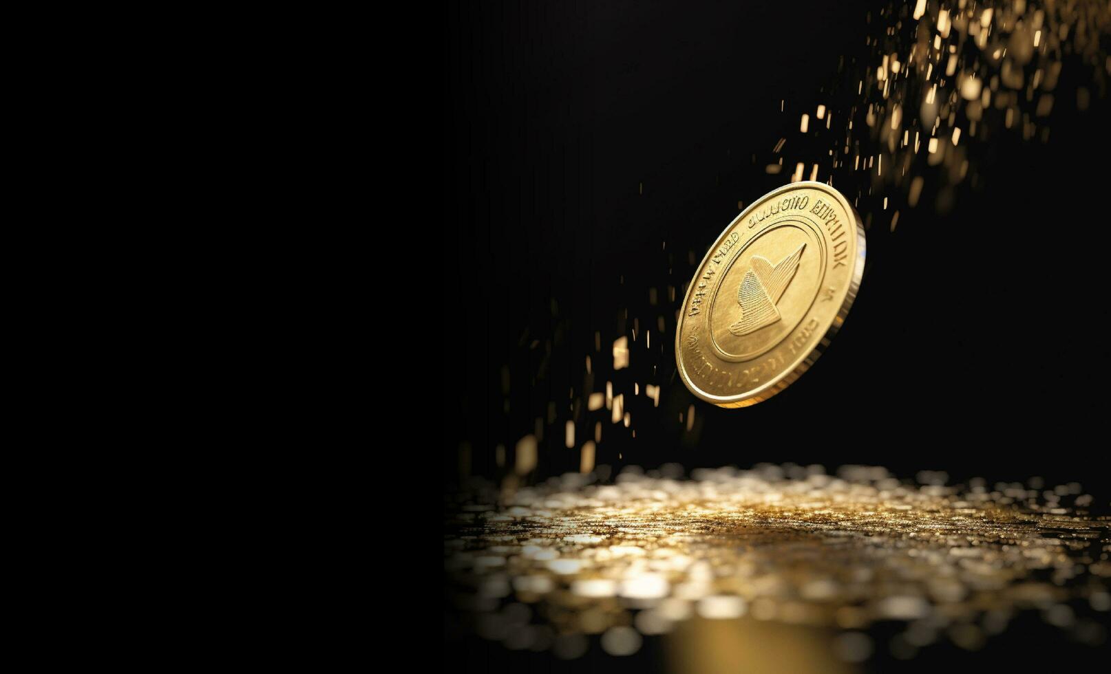 elegante volante oro moneta con d'oro scintillare nel nero sfondo. crypto moneta moderno illustrazione sfondo. foto