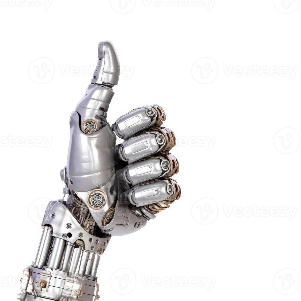 un' robot mano dando pollici su isolato su bianca sfondo - generativo ai foto
