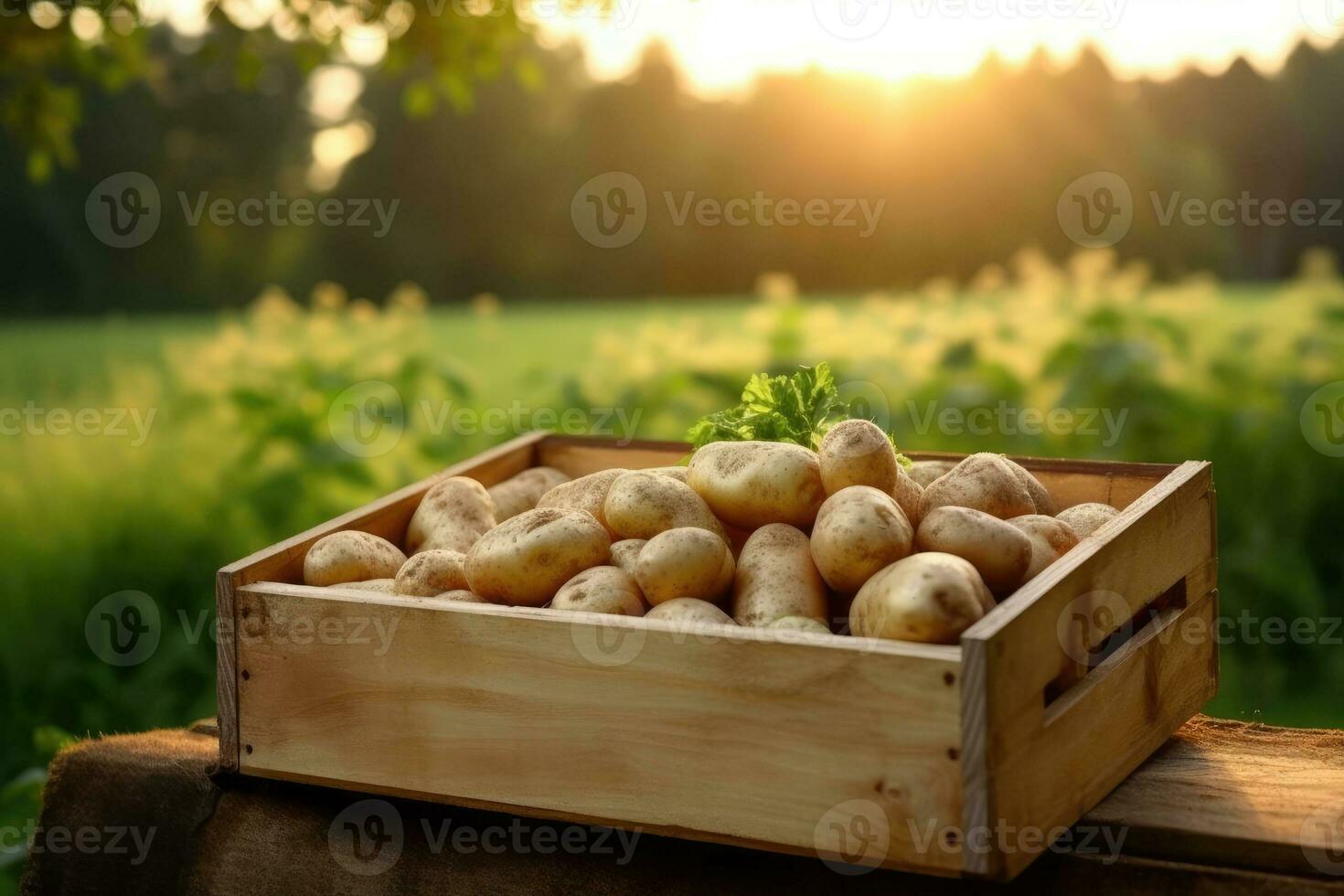 di legno scatola pieno di patate nel un' campo. generativo ai foto