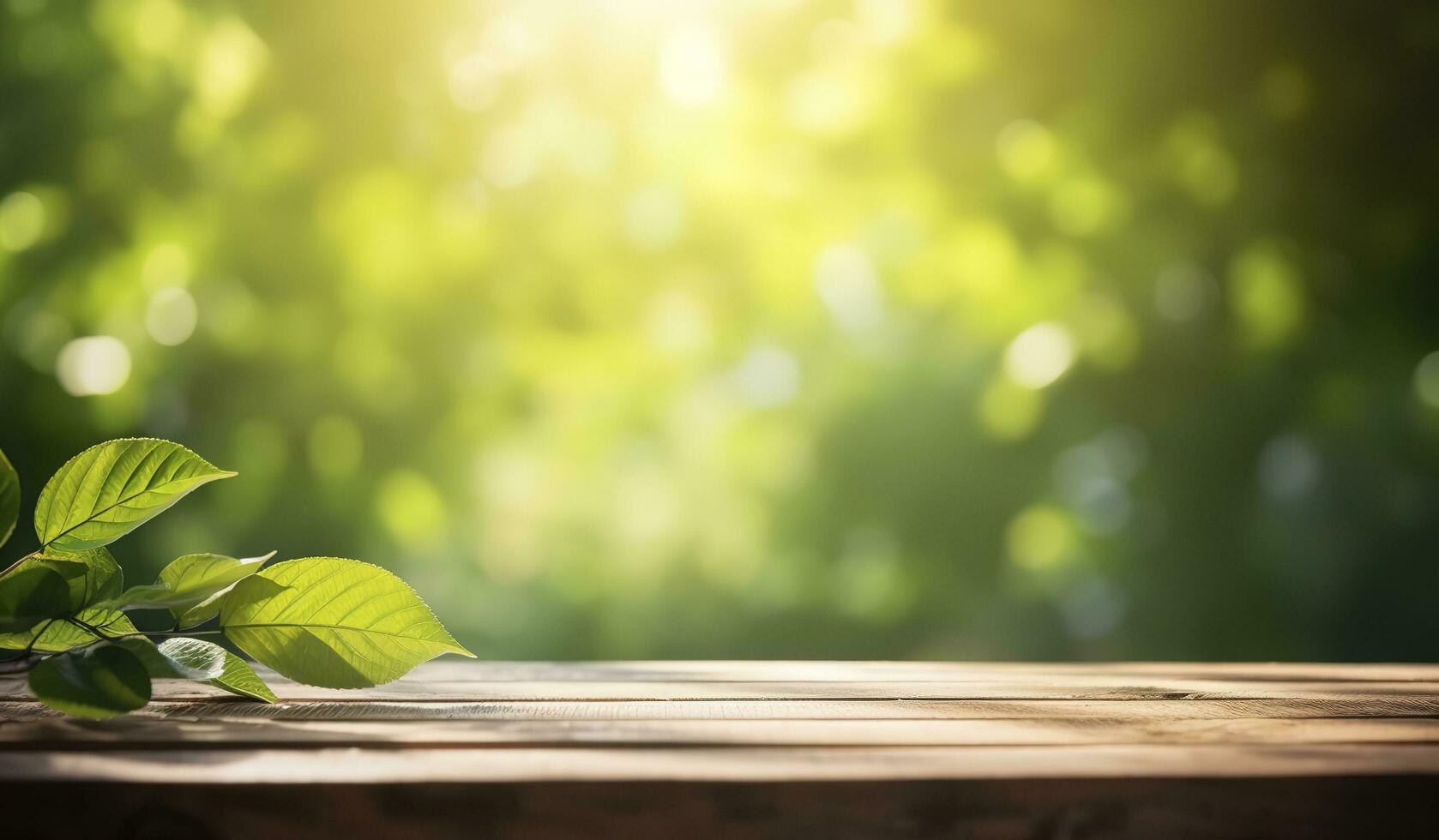 primavera estate bellissimo naturale sfondo con verde fogliame nel luce del sole e vuoto di legno tavolo all'aperto, creare ai foto