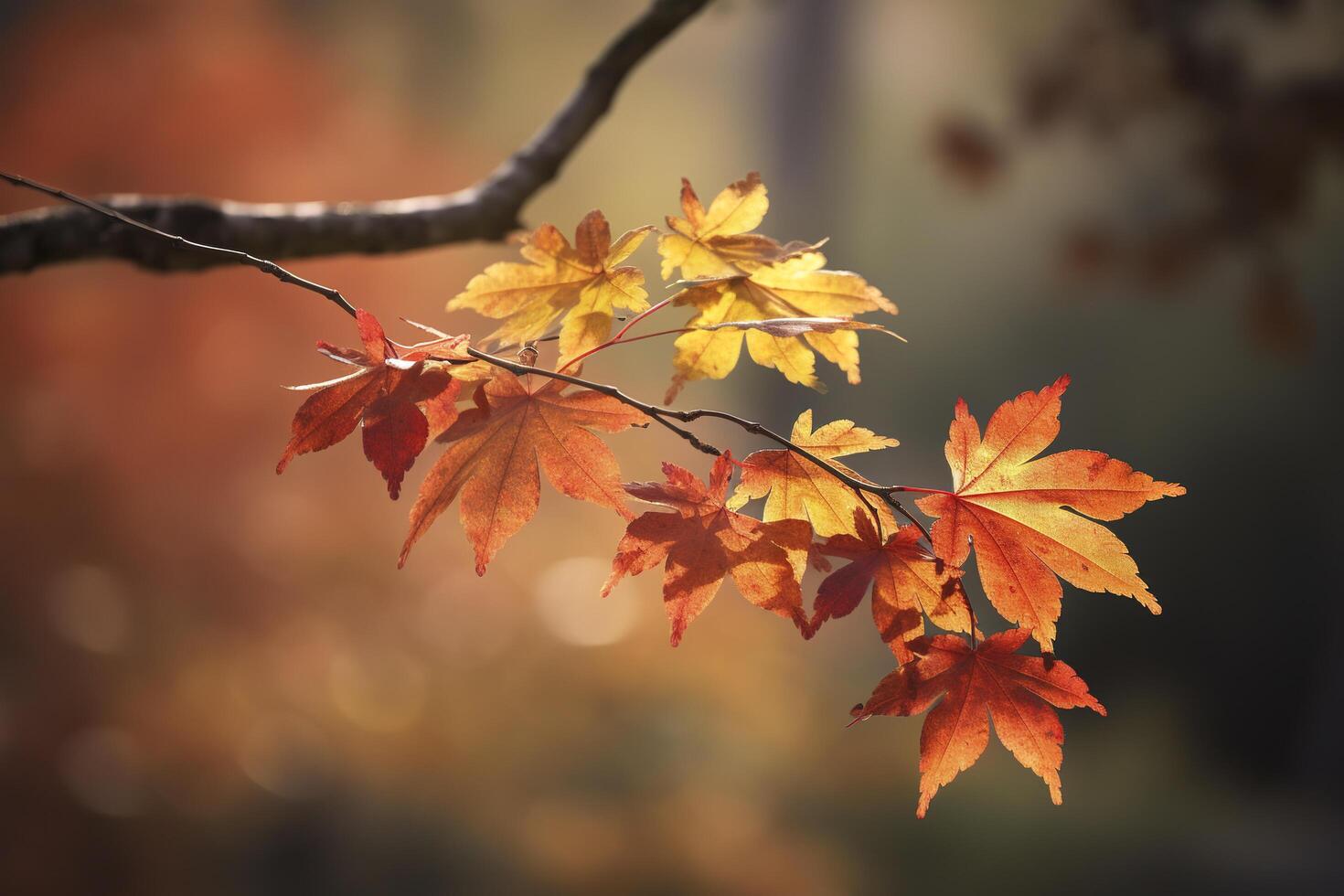 autunno acero le foglie nel un' riga, vivido colori, ai generativo panorama illustrazione su nero sfondo foto