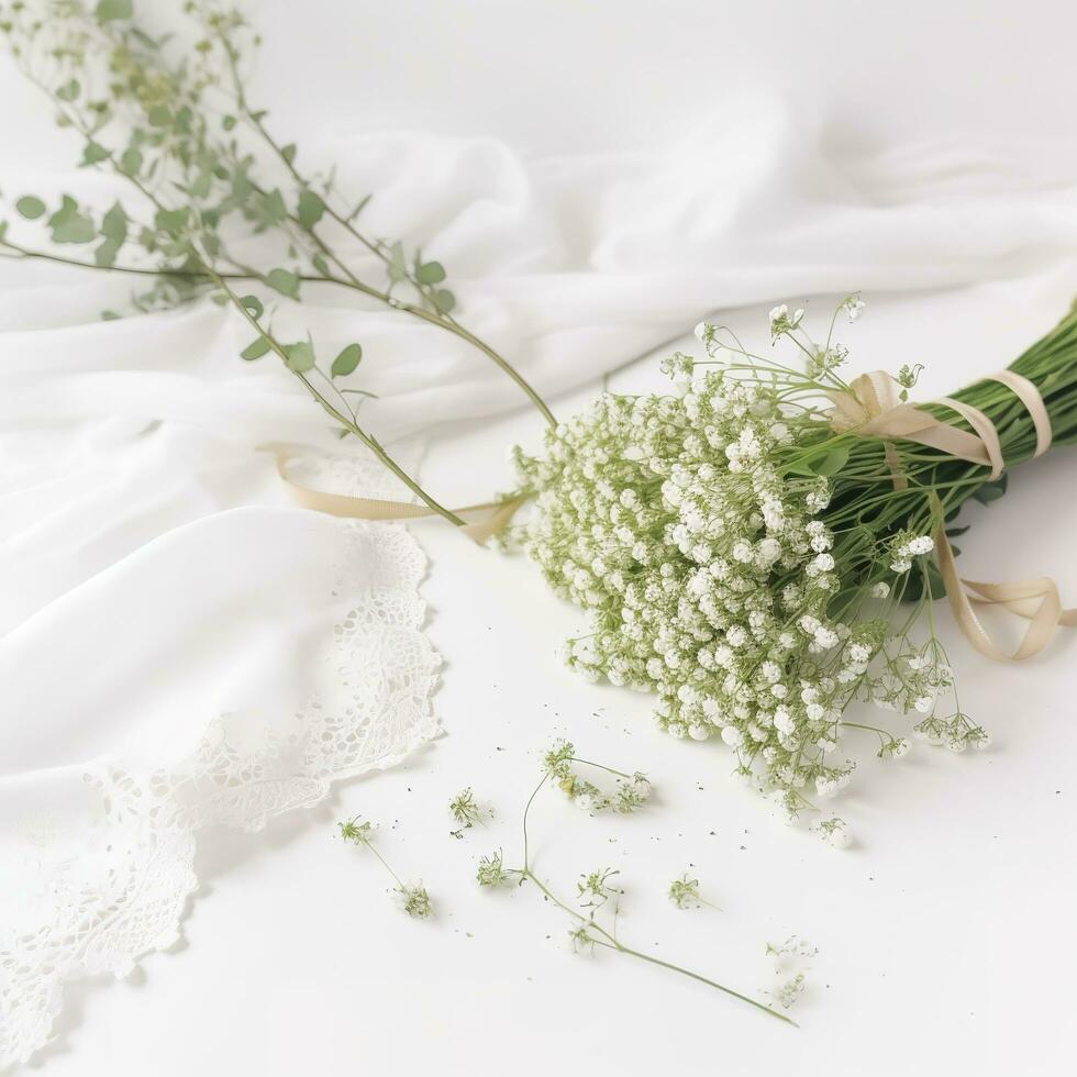 nozze del desktop modello con del bambino respiro gypsophila fiori, asciutto verde eucalipto foglie, raso nastro e bianca sfondo, , generat ai foto