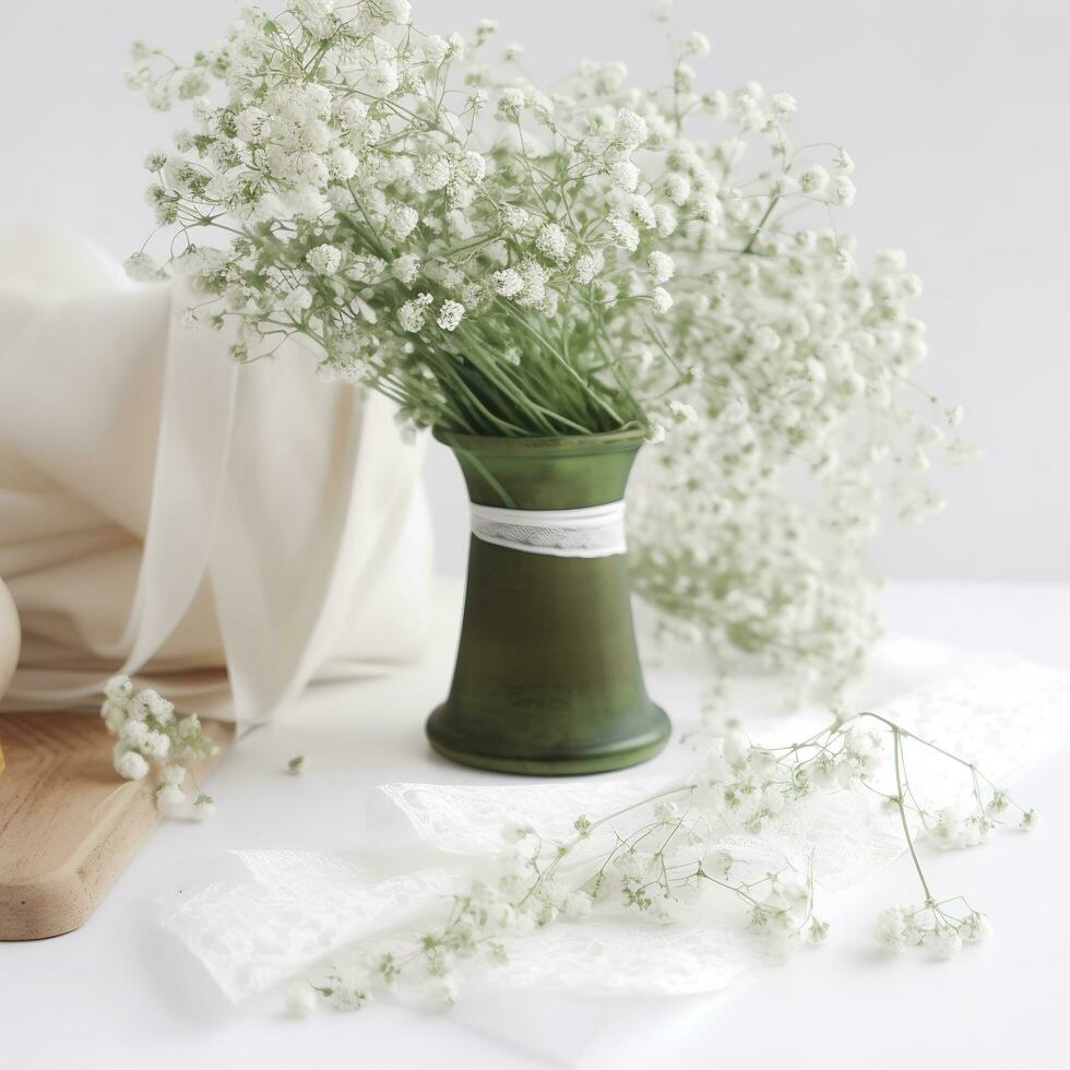 nozze del desktop modello con del bambino respiro gypsophila fiori, asciutto verde eucalipto foglie, raso nastro e bianca sfondo, , generat ai foto