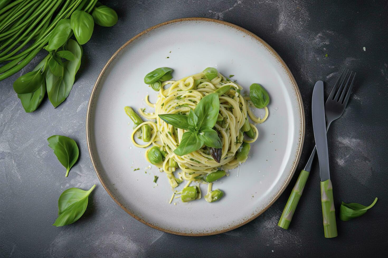 tradizionale italiano spaghetti con asparago nel un' erba salsa servito come un' superiore Visualizza su un' nordico design piatto, creare ai foto