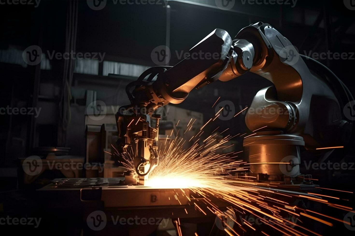 industriale robot saldatura settore automobilistico parte nel fabbrica. inteligente industria 4.0 concetto ai generato foto