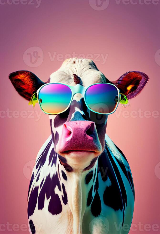 creativo animale composizione. mucca indossare occhiali da sole occhiali da sole monocolo isolato. pastello pendenza sfondo. con testo copia spazio. ai generato foto