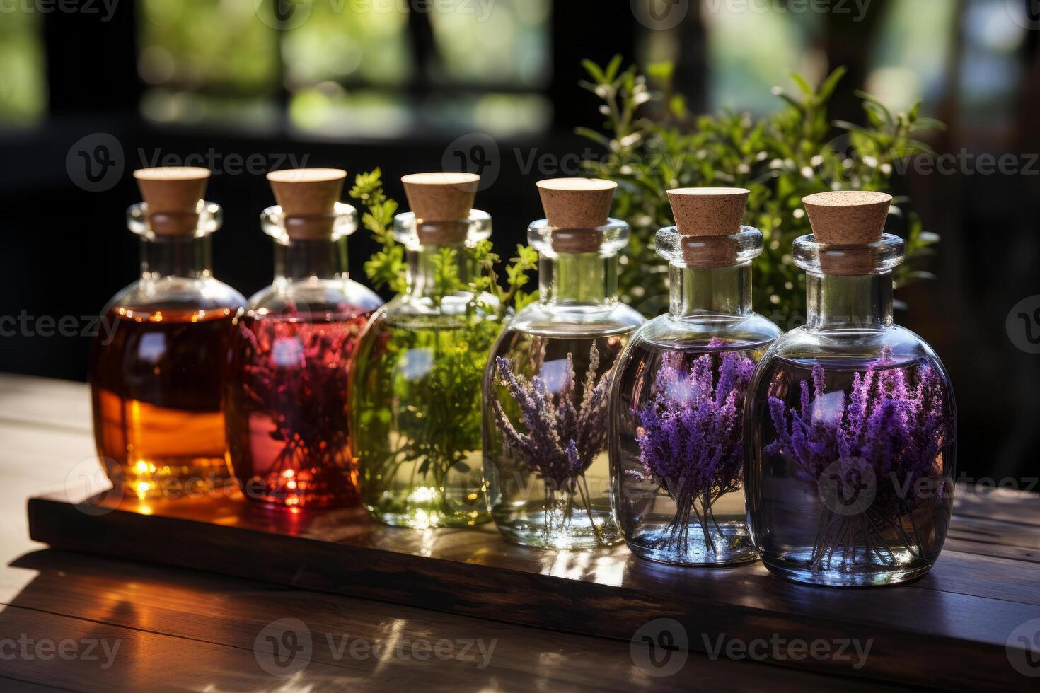 un assortimento di essenziale olio bottiglie con fresco impianti a partire dal quale Loro sono derivato, piace lavanda, menta piperita, e rosmarino, disposte su un' di legno superficie. ai generato foto