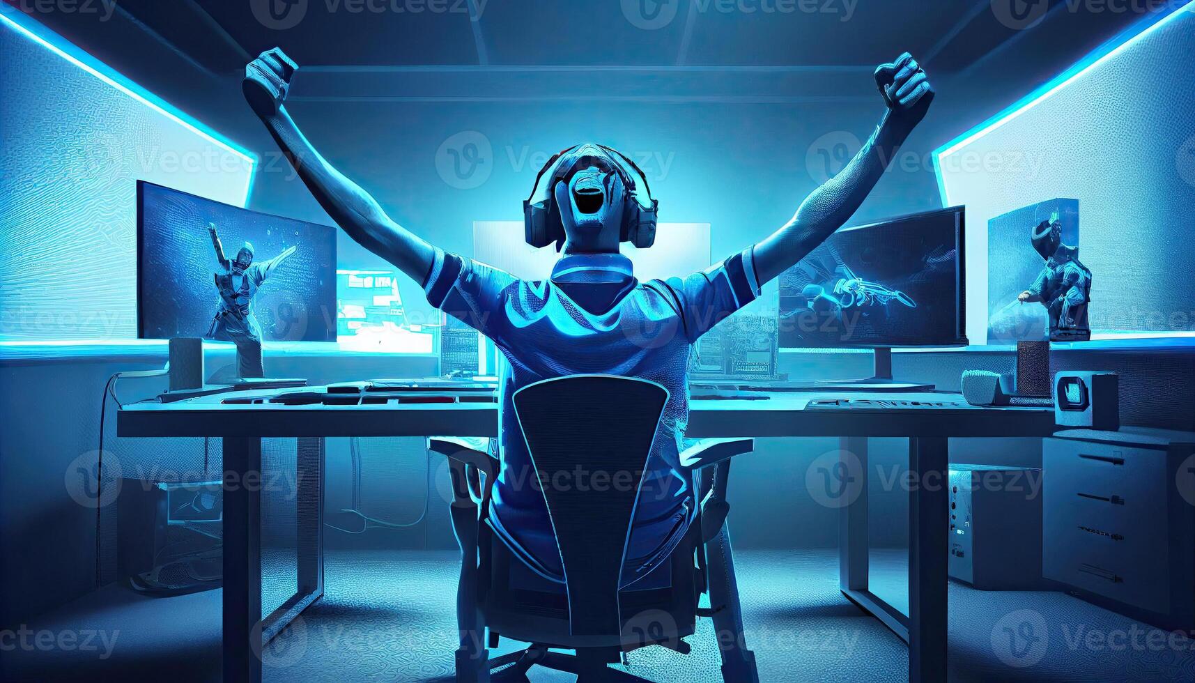professionale esports gamer gioisce nel il vittoria e blu gioco camera sfondo. ai generato. foto