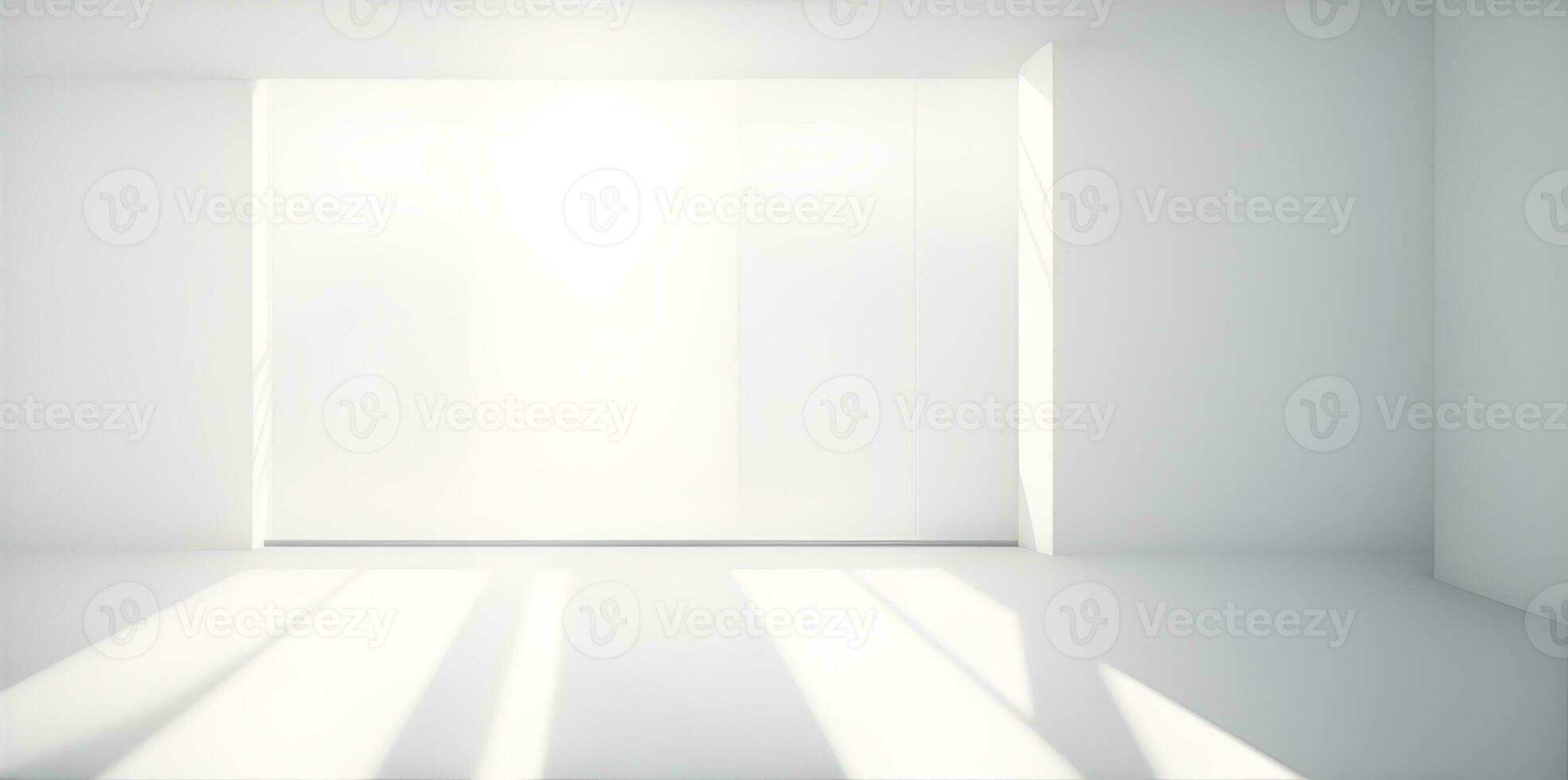 bianca minimalista camera con vuoto muri e luce del sole streaming attraverso finestre. ai generato foto