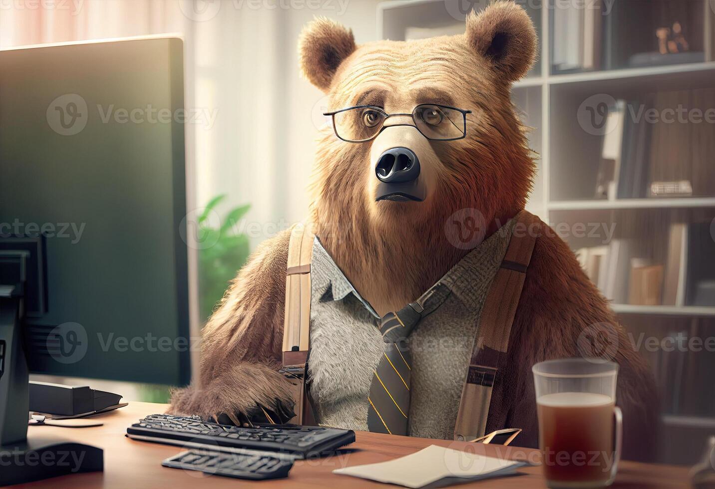 ritratto di un antropomorfo orso come un' sviluppatore nel il ufficio. ai generato foto