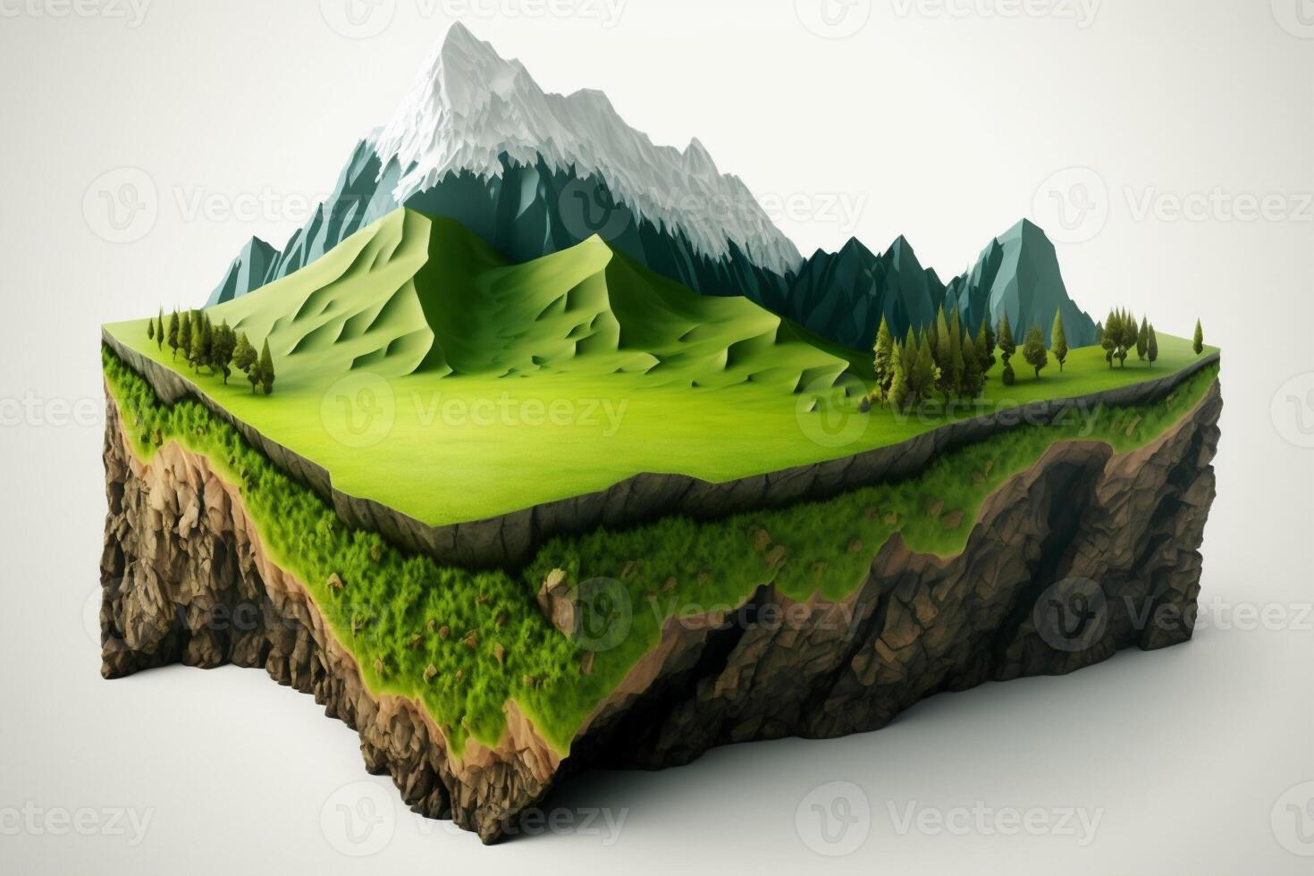 3d terra con montagna isolato , pezzo di terra terra verde campo. ai generato foto