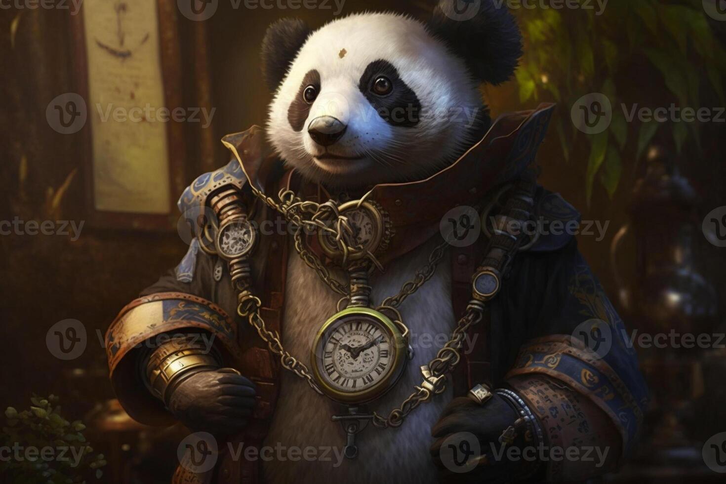 panda con un' steampunk orologio cordoncino in giro il suo collo, proteggere un' sicuro. ai generato foto