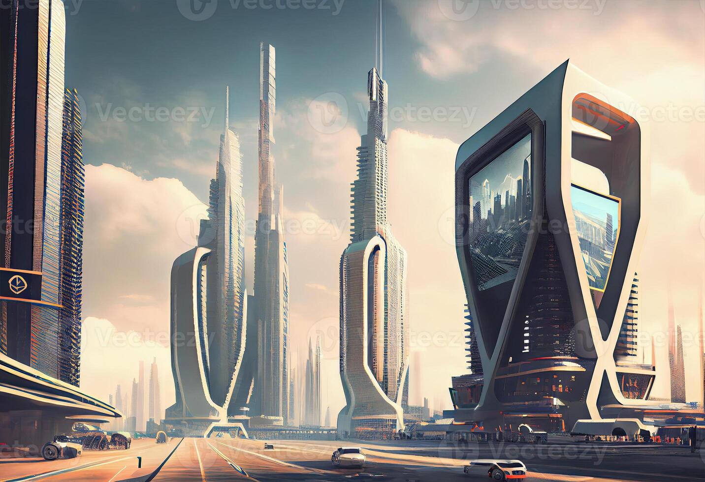 futuristico città con cartelloni . ai generato. foto