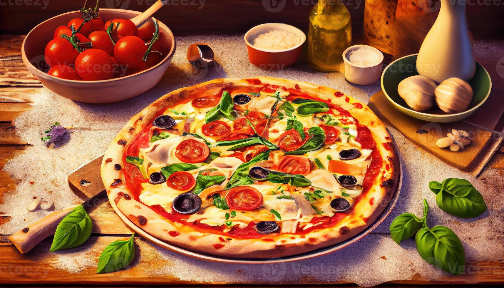 delizioso Pizza su il tavolo nel un' ristorante, italiano cucina. ai generato. foto