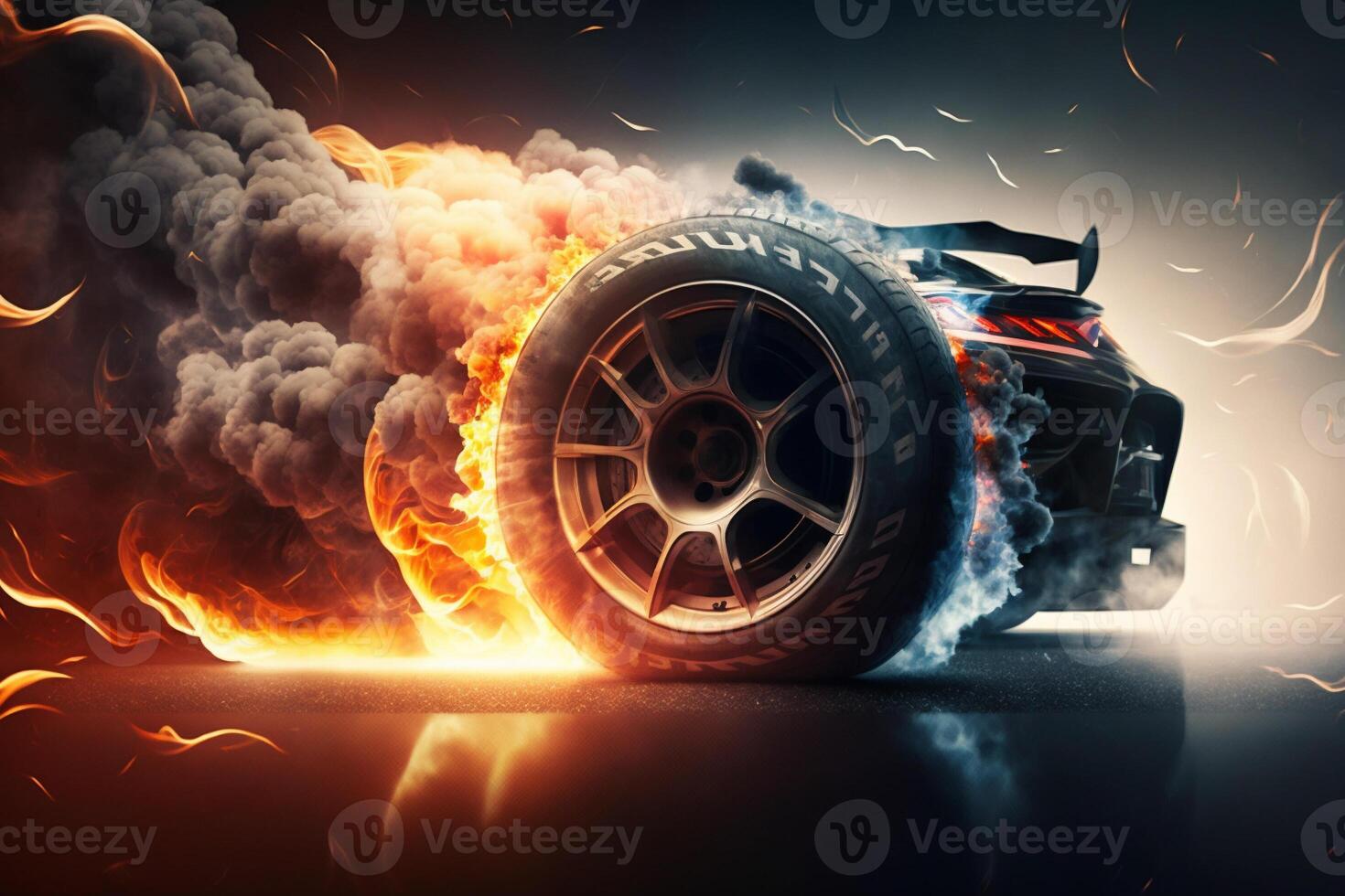 3d interpretazione , sport auto corsa su gara traccia con fuoco ardente , auto ruota alla deriva.ai generato foto