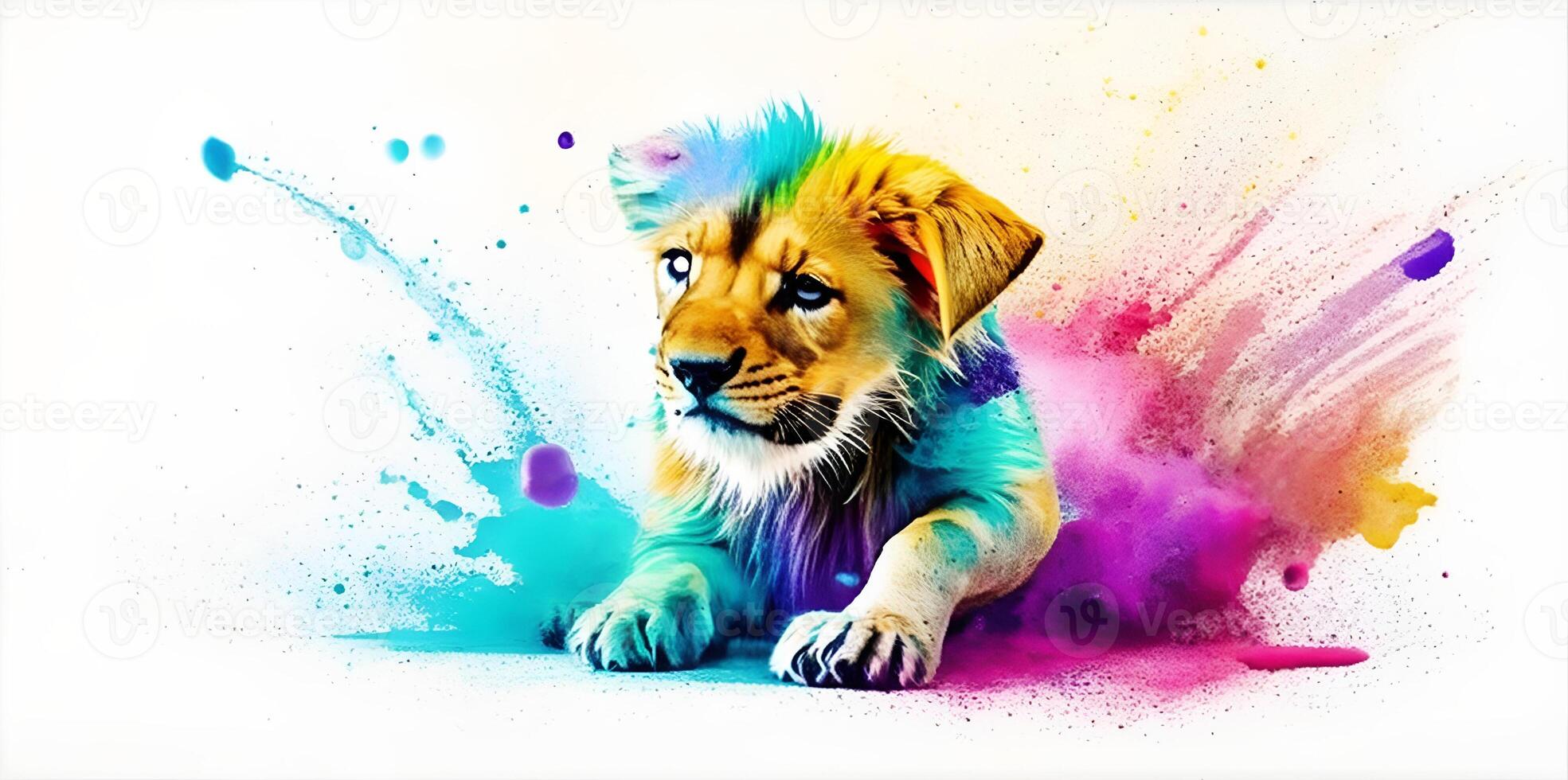Leone giocando nel colorato acqua colore , sporco con colore spruzzo ai generato. foto
