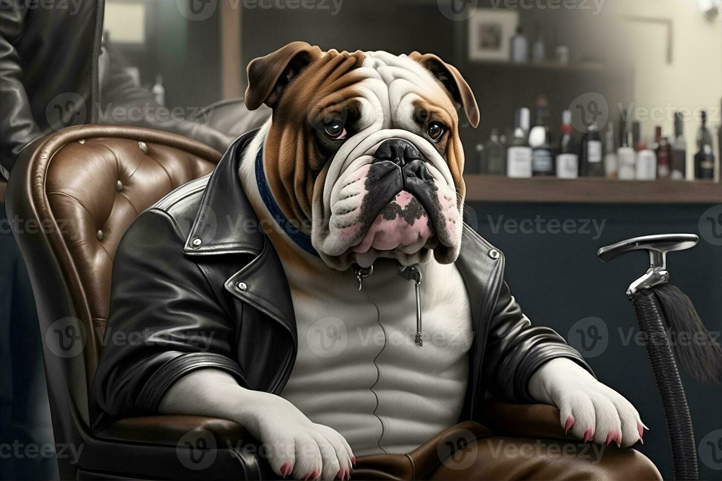 bulldog vestito nel un' pelle giacca seduta nel un' sedia. ai generato foto