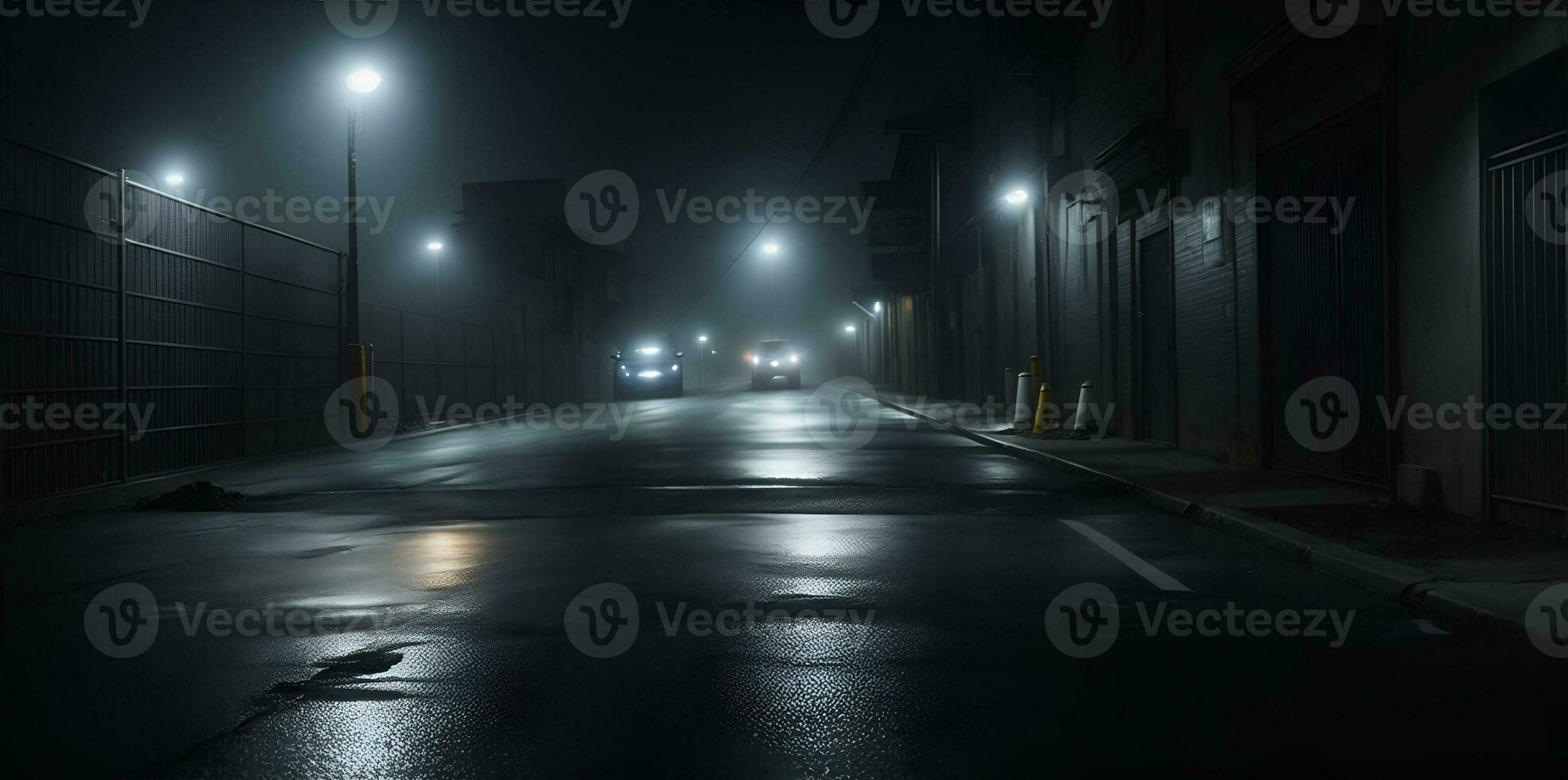 mezzanotte strada o vicolo con auto fari appuntito Questo modo. ai generato foto