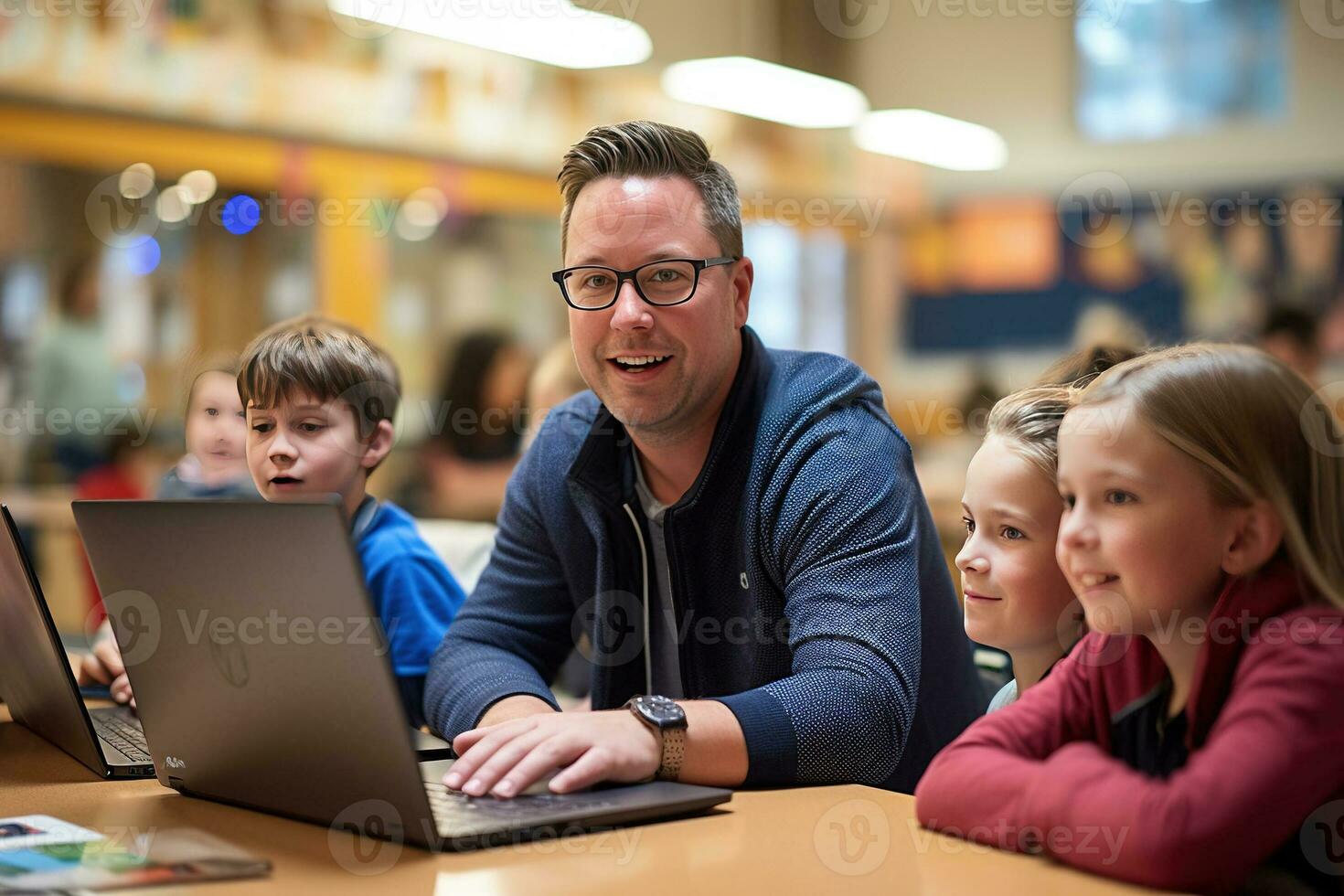 insegnante e studenti Guardando il computer portatile schermo . ai generato foto