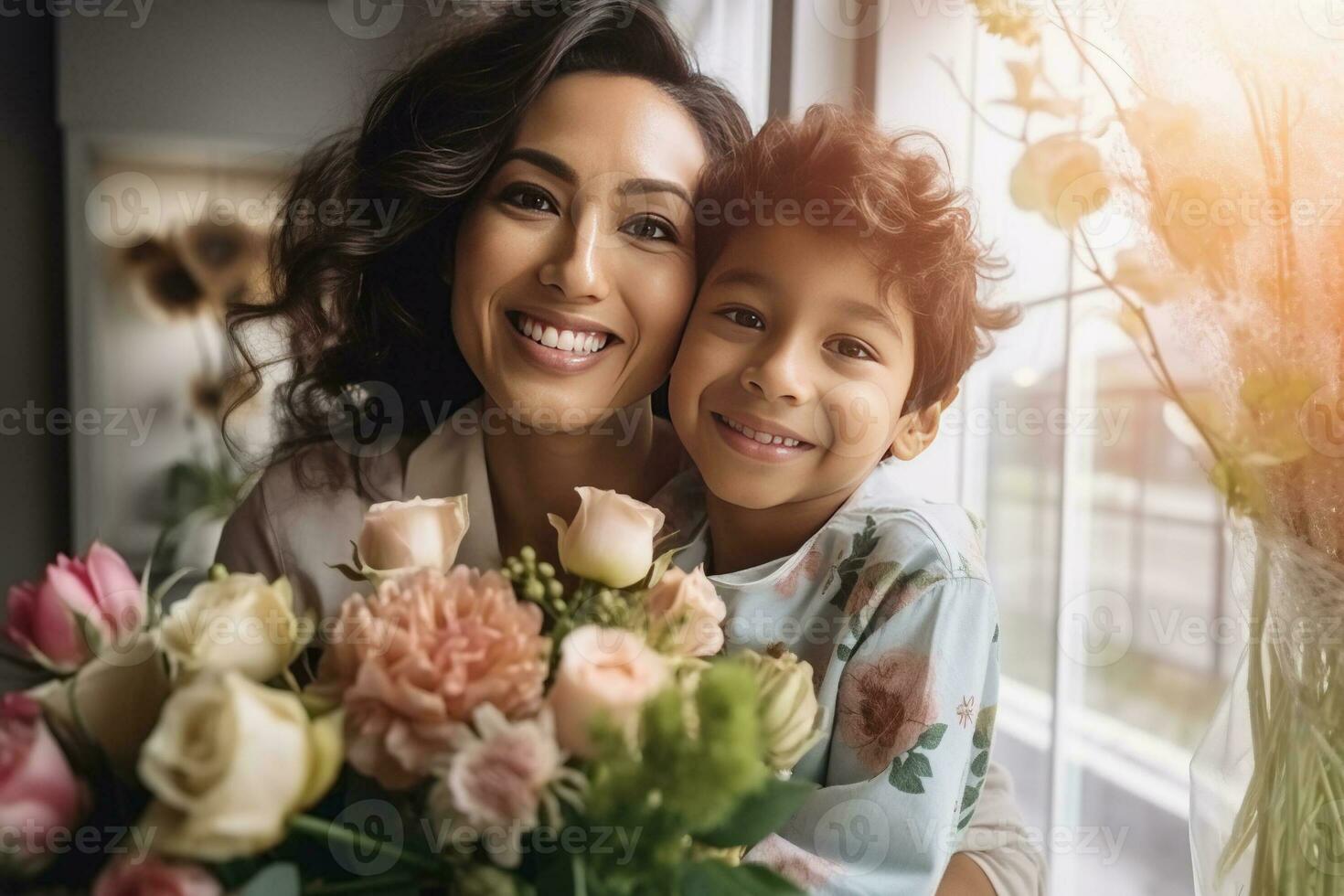 giovane etnico donna madre con fiore mazzo Abbracciare una persona figlio mentre ottenere Congratulazioni su La madre di giorno. ai generato foto