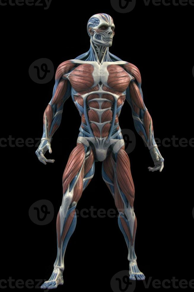 anatomico umano corpo con muscolare e circolatorio sistemi. generativo ai foto