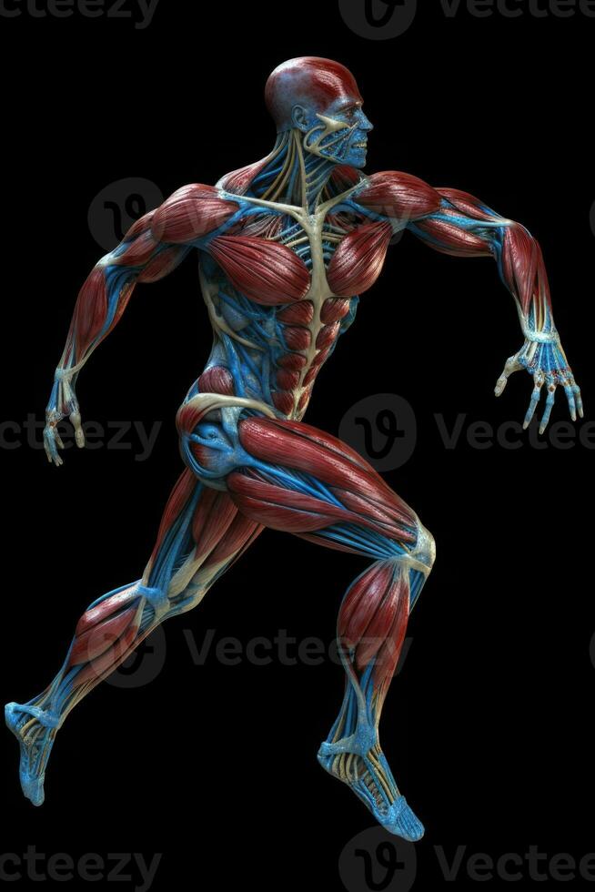 anatomico umano corpo con muscolare e circolatorio sistemi. generativo ai foto