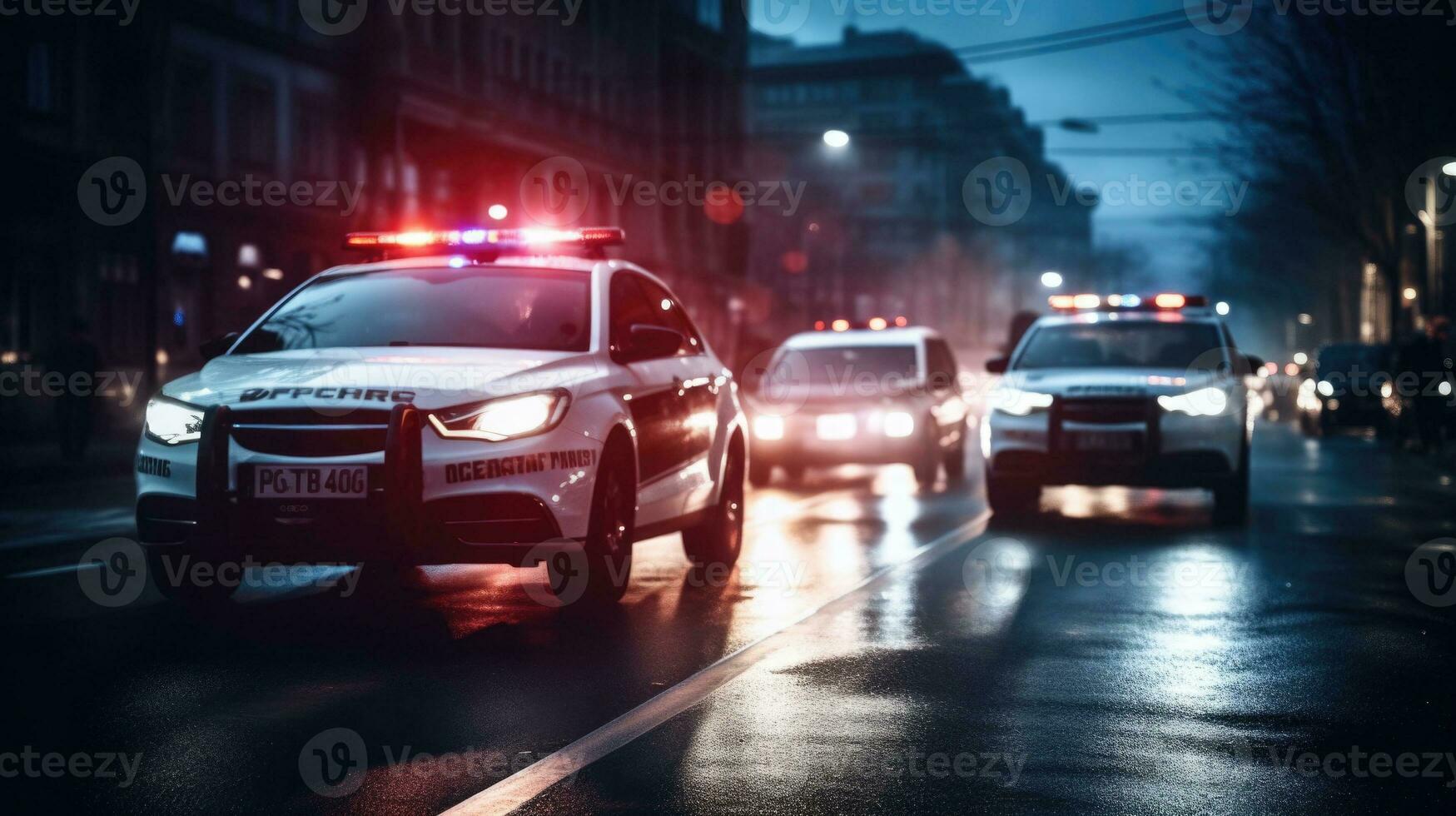 polizia auto con lampeggiatore luci a notte strada. generativo ai foto