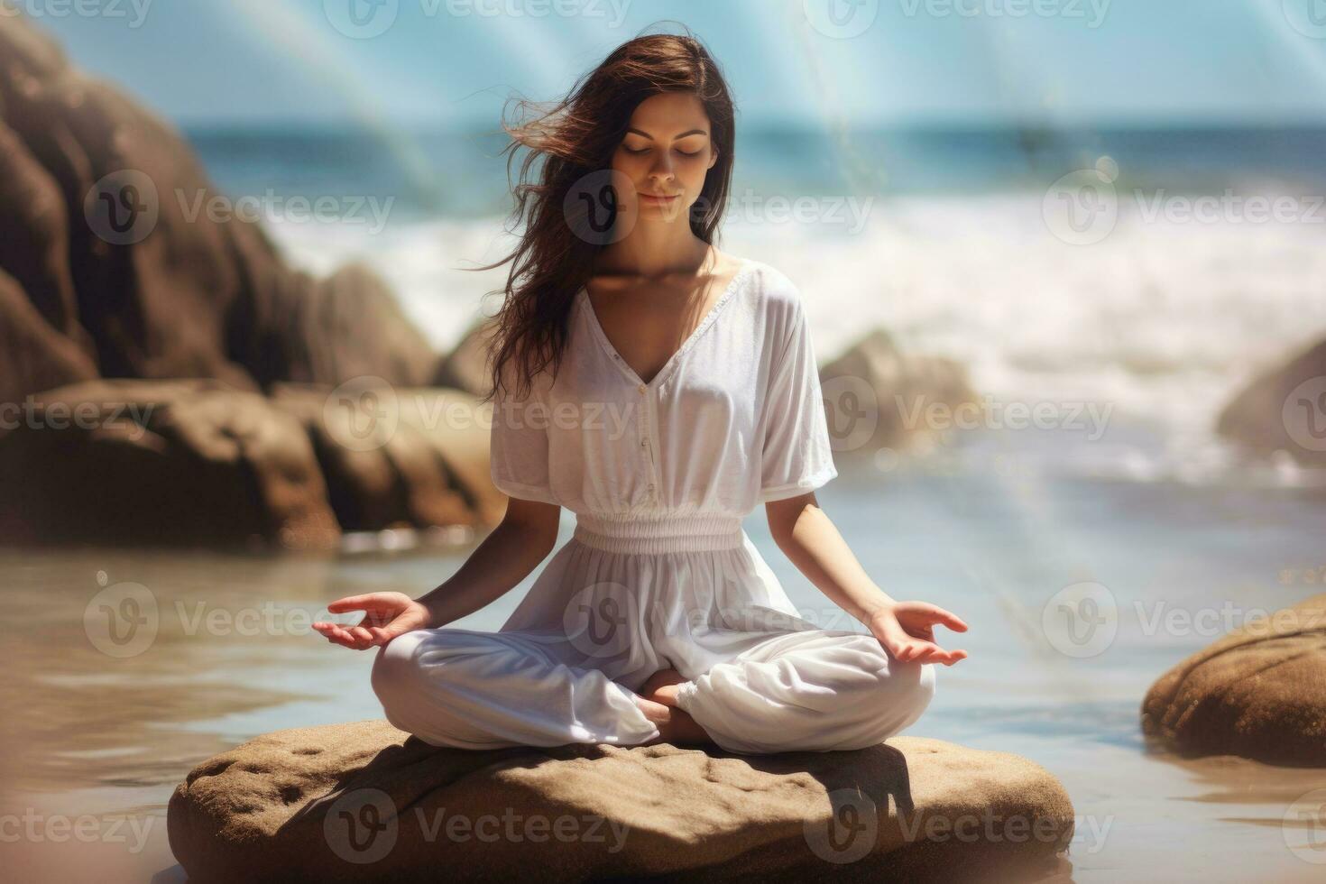 donna Meditare su spiaggia. mentale Salute e meditazione. generativo ai foto