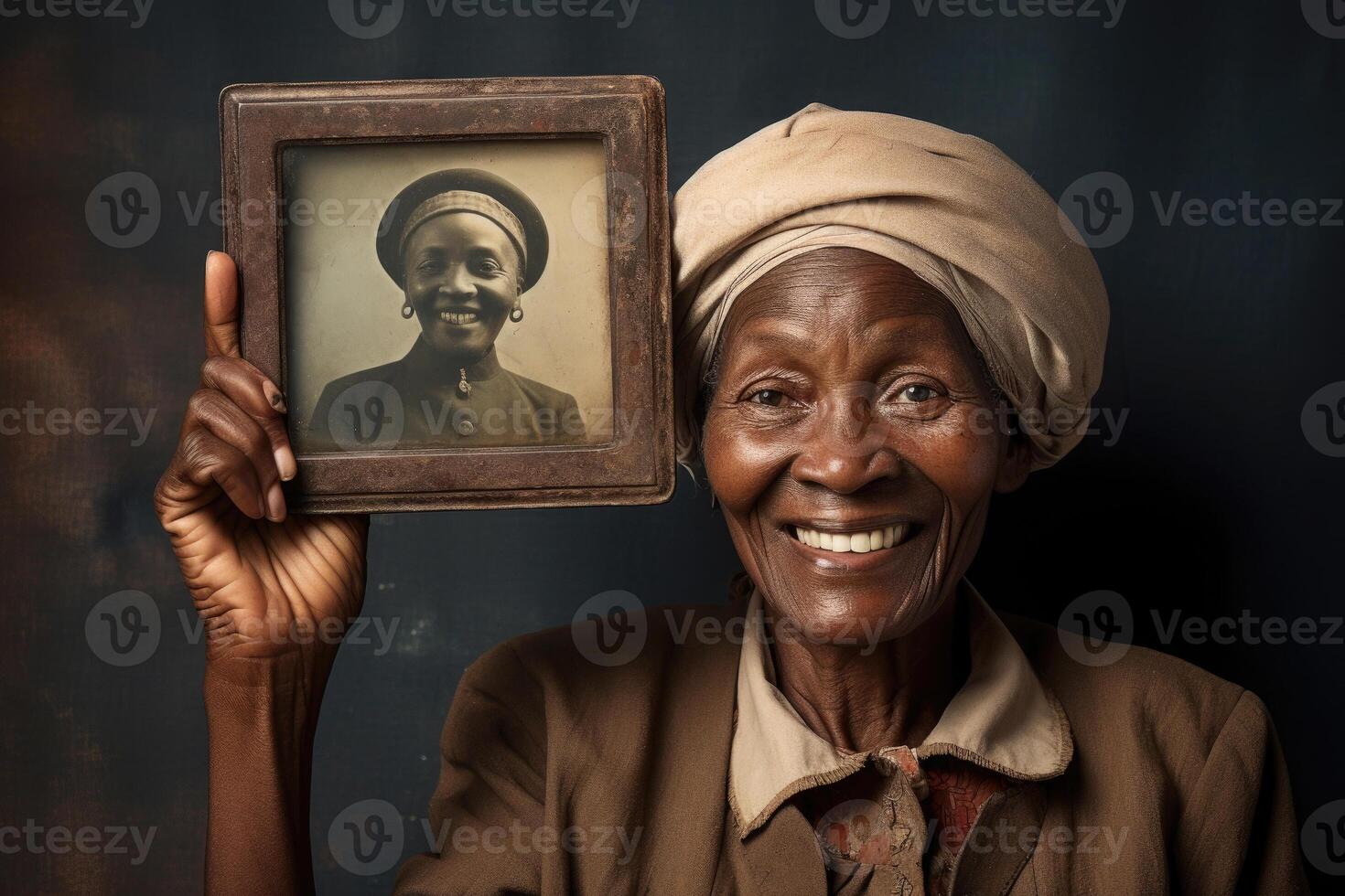 anziano nero donna detiene un vecchio fotografia nel sua mani. generativo ai foto