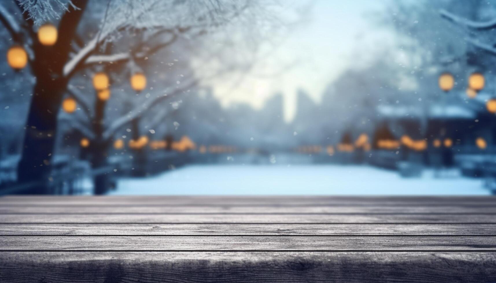 vuoto di legno tavolo nel davanti di inverno paesaggio sfocato sfondo.ai generato foto